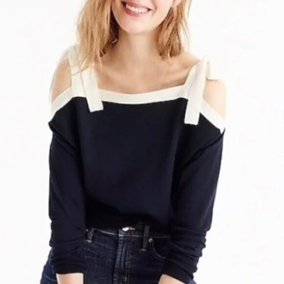J crew blue merino wool tie cold shoulder sweater large - Picture 1 of 11